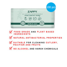 Load image into Gallery viewer, Zappy All Natural Biodegradable Food Contact wipes (100x individual sheets bundle)
