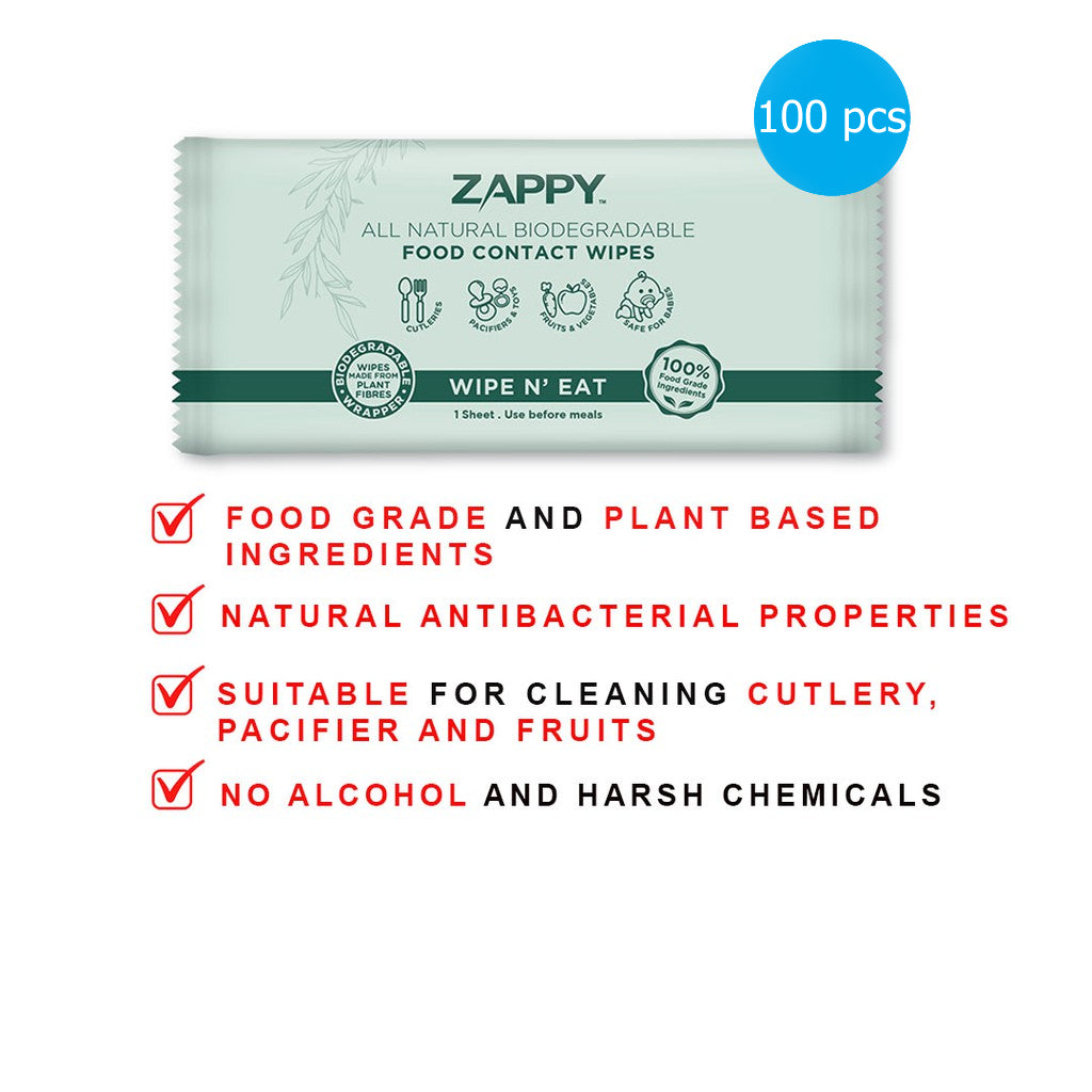 Zappy All Natural Biodegradable Food Contact wipes (100x individual sheets bundle)