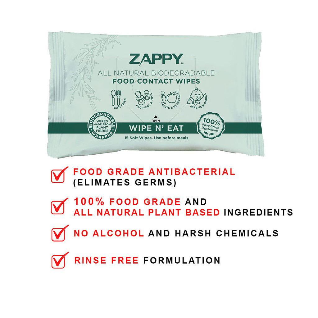 Zappy All Natural Biodegradable Food Contact wipes (6 packet bundle w/ 15 sheets each)